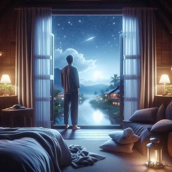 In the image, a man dressed in pajamas stands next to an open door leading outside into a room that appears to be a bedroom with a window overlooking a river or ocean view. The man seems to be looking out onto this scenic landscape, possibly enjoying the night sky and contemplating life. There are also two lamps on tables near the bed, providing additional lighting in the room.

The accompanying post is an advertisement for a company that offers a vacation service called "Good Evening friends $RIVER can hit ?" This means that travelers staying at this accommodation package a $20 night's stay at the riverside location for their group of friends or family members to enjoy together.