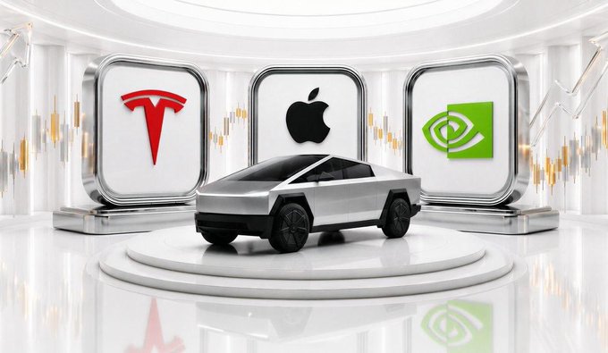 A futuristic silver Tesla Cybertruck is displayed on a circular platform in front of three large screens showing the logos of Tesla, Apple, and NVIDIA.