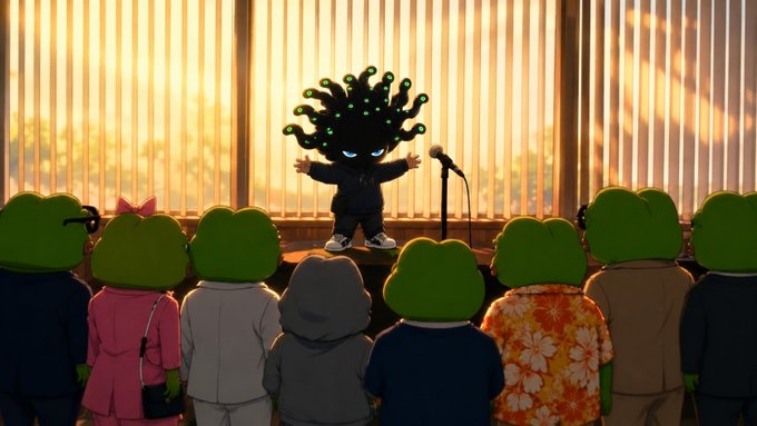 A small figure with tentacled hair and glowing eyes stands on a stage addressing an audience of green-headed onlookers, with no visible text. The scene evokes the post's themes of pursuing personal goals and ambitions, with the lone speaker representing someone boldly stepping up to share their vision or hustle.