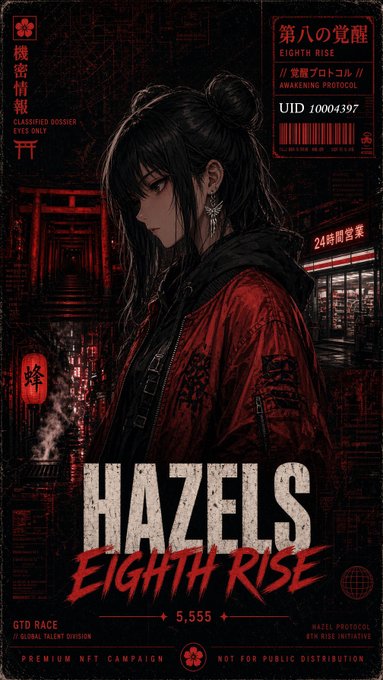 A dark red cyberpunk-style poster of a woman in a red jacket with text 'HAZELS EIGHTH RISE', '第八の覚醒', 'EIGHTH RISE', 'AWAKENING PROTOCOL', 'UID :10004397', and 'NOT FOR PUBLIC DISTRIBUTION'.