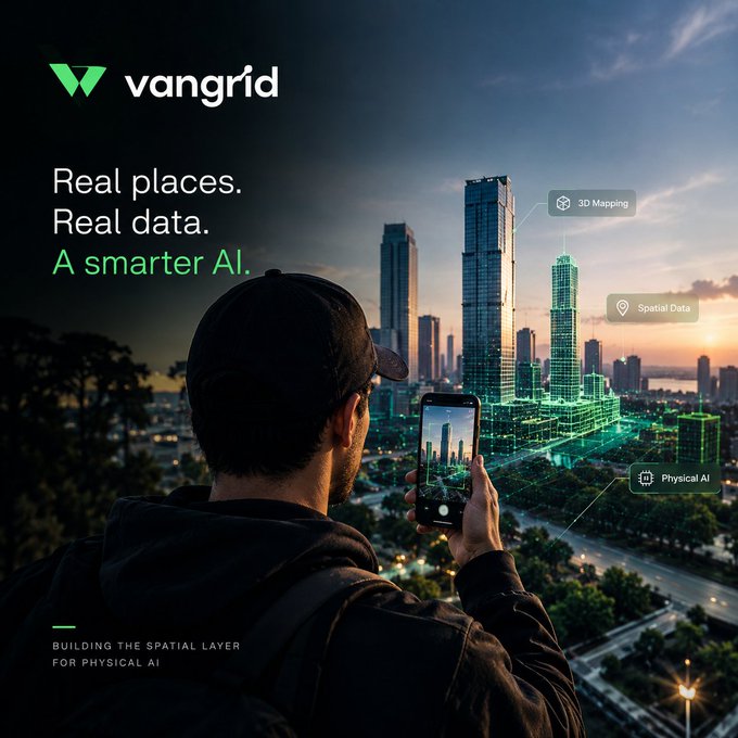 A marketing image for 'vangrid' with the text 'Real places. Real data. A smarter AI.' and 'BUILDING THE SPATIAL LAYER FOR PHYSICAL AI', showing a man photographing a cityscape with his smartphone, overlaid with digital grid and labels for '3D Mapping', 'Spatial Data', and 'Physical AI'.