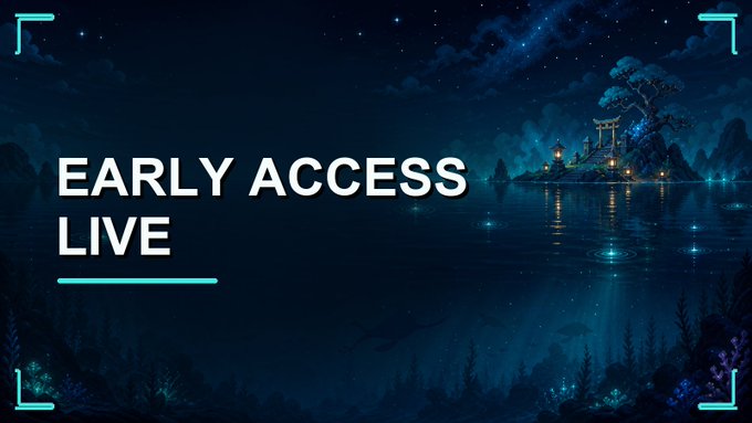 A serene nighttime illustration of a starry sky over a tranquil lake with a glowing torii gate on a small island, paired with the bold white text "EARLY ACCESS LIVE" in the upper left. The atmospheric scene visually complements the announcement of AFK Fishing's first test group gaining early access, with the calm waters symbolizing the testing phase before a wider launch.