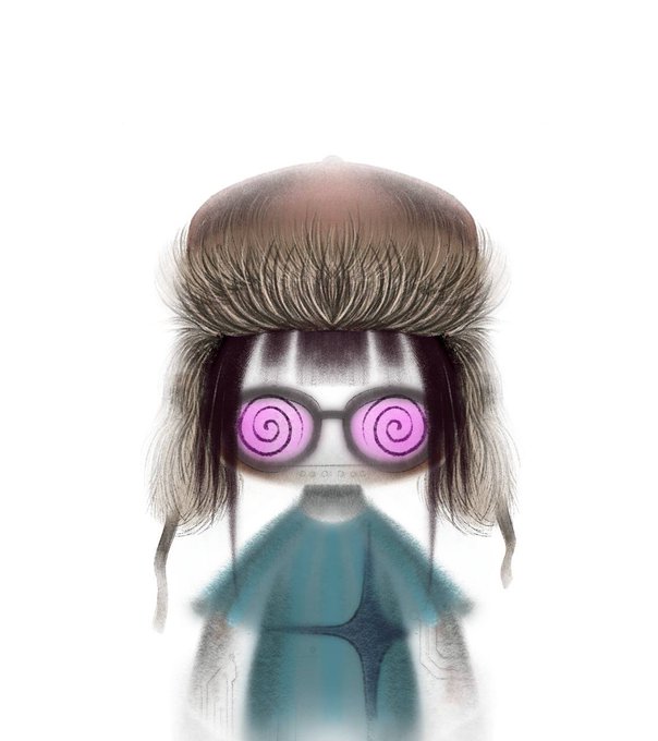A stylized digital illustration depicts a figure with exaggerated beehive-style brown hair, spiral pink glasses, and a teal outfit against a white background. The hypnotic spiral eyes playfully suggest a "dizzy" or mind-blown reaction, fitting the meme-like tone of a question about whether to include memecoin holders in an allowlist for the "gPyo" token.