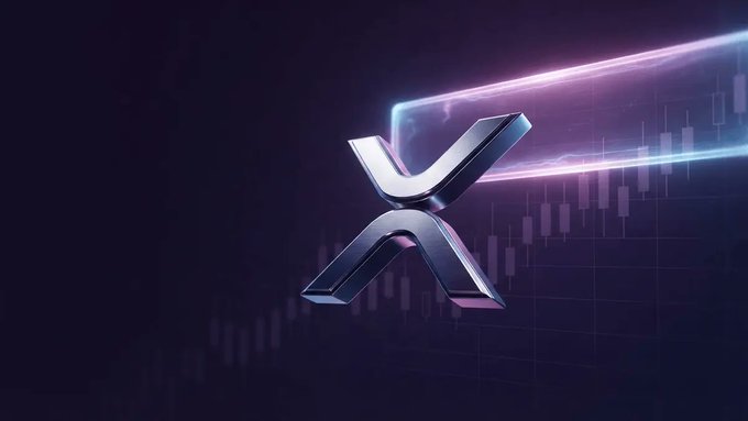A 3D metallic XRP (Ripple) logo with a financial candlestick chart and glowing light trails in a dark background.