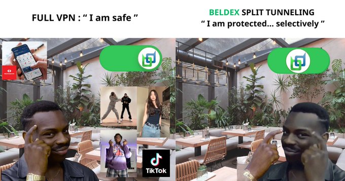 The image contrasts "FULL VPN: I am safe" with "BELDEX SPLIT TUNNELING: I am protected... selectively," using a meme format where a man makes the "chef's kiss" gesture. On the left, banking apps and TikTok appear alongside the VPN logo, suggesting slower performance with a full VPN, while the right side shows only the Beldex VPN, illustrating the selective protection offered by split tunneling.