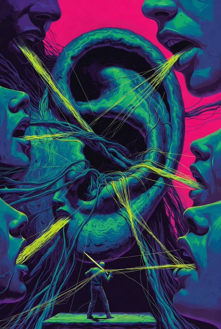 The image features an illustration of a person's face with their ear sticking out from behind them. The ear is connected to a large earring that has yellow strings, creating a unique and eye-catching design. The background of the image is a dark purple color, which contrasts with the bright green and blue elements in the foreground. The caption below the illustration reads "Dont buy Impression, Buy $BTC Have a shining Thursday Legends Always @IThinkItsArt". This message seems to be related to the artwork or poster, possibly promoting an event or sale of the piece.