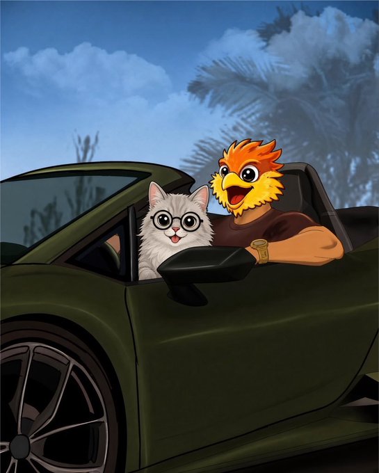 A cartoon-style illustration of a fluffy white cat with glasses and an anthropomorphic orange bird character wearing a gold watch, riding together in a green convertible sports car.