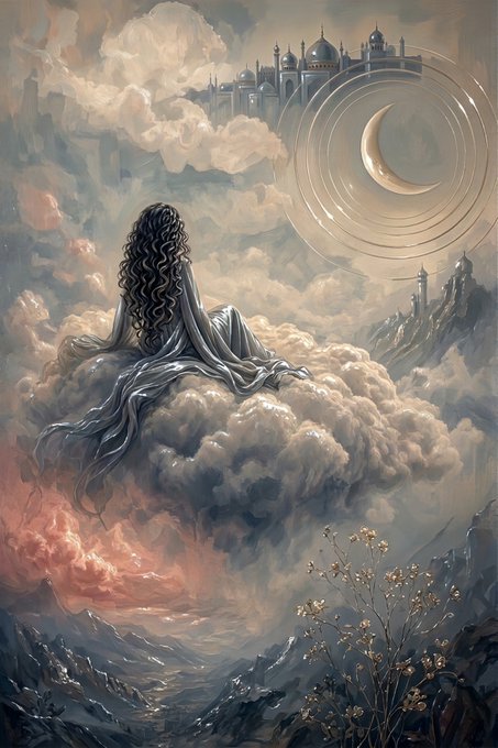 A surreal painting of a long-haired figure draped in flowing gray fabric, sitting on clouds beneath a crescent moon surrounded by rings and a distant floating palace.