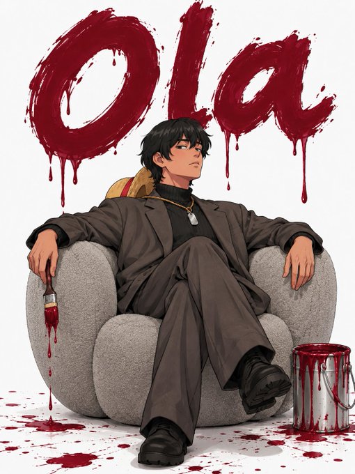 An anime-style illustration of a dark-haired man in a suit lounging in a chair, holding a blood-stained brush, with the word 'olaa' written in dripping red paint above him.