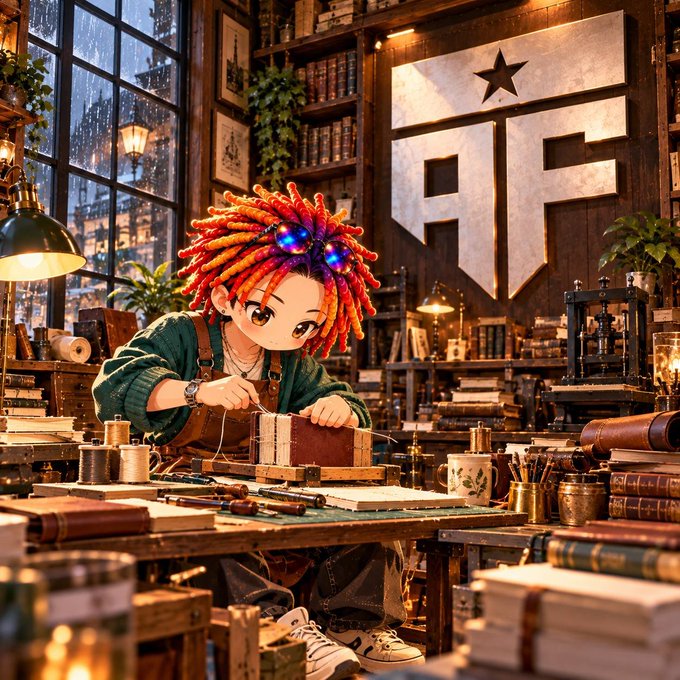 An anime-style illustration of a character with colorful red and yellow dreadlocks and glowing blue eyes working on a book in a cozy workshop, with a stylized "FF" logo on the wall behind them.