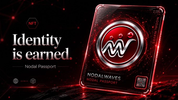 A dark, futuristic promotional image for an NFT project called 'NODALWAVES,' featuring the slogan 'Identity is earned. Nodal Passport' next to a glowing red digital badge with a metallic 'W' logo and a QR code.