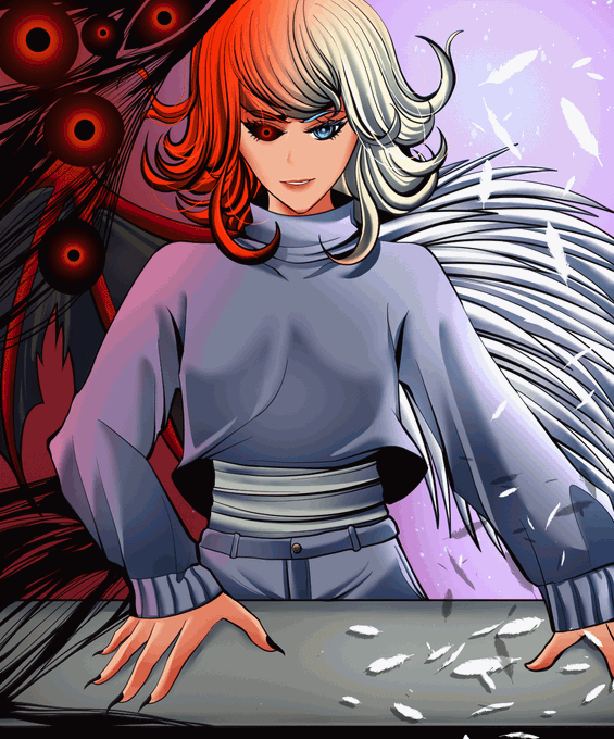 An anime-style illustration of a girl with half-red, half-white hair wearing a purple sweater, with dark red spheres floating beside her.