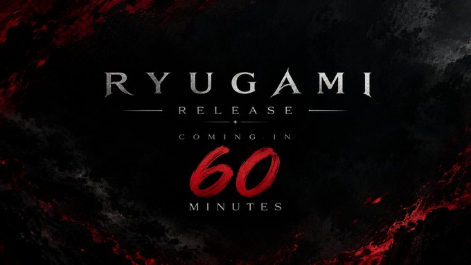 A dark, dramatic countdown graphic with red smoky accents announces the upcoming launch of "RYUGAMI," with bold white and red text reading "RELEASE COMING IN 60 MINUTES." The ominous, fiery aesthetic reinforces the imminent NFT drop teased in the accompanying post, building anticipation for the collection's arrival on OpenSea.