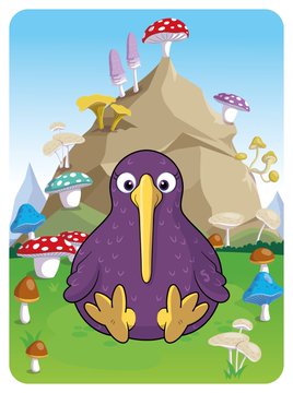 An illustration of a purple kiwi-like bird with a long yellow beak sitting in a whimsical landscape with colorful mushrooms and a small hill.
