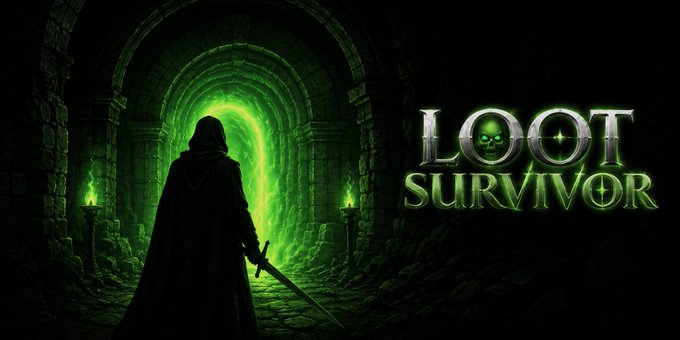 Promotional artwork for the game 'LOOT SURVIVOR,' featuring a hooded figure with a sword facing a glowing green portal in a dark stone corridor.