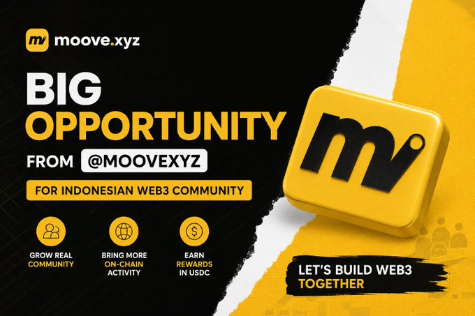 The image features a large yellow square with the word "Mooove" written on it, surrounded by black text that reads "Big opportunity from @moovexyz for the Indonesian Web3 community". The background of the image is black, which contrasts with the yellow square and makes it stand out. The text in the image suggests that there are opportunities available to join the Indonesian Web3 community as an Ambassador, where they can help grow the community by creating content and promoting on-chain activities across Indonesia.