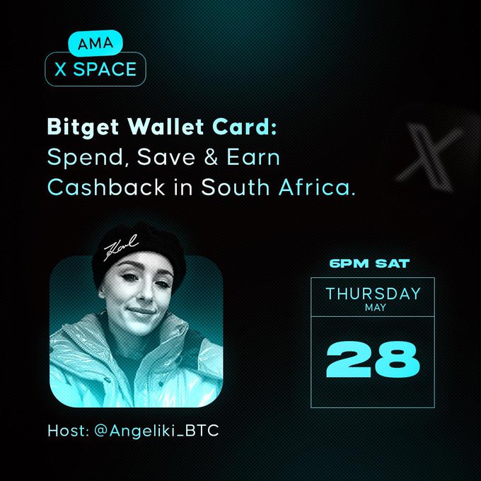 The image features an advertisement for a product called "bitget wallet card" that allows users to spend, save, and earn money from Africa. The poster includes a photo of a woman wearing a black hat with her face visible. The text on the poster reads "bitget wallet card", "Spend. Save & Earn Cashback in South Africa.", and "28th Saturday May". The post also mentions that there is a host named @EmanikLBC, who will be discussing this product on their channel.