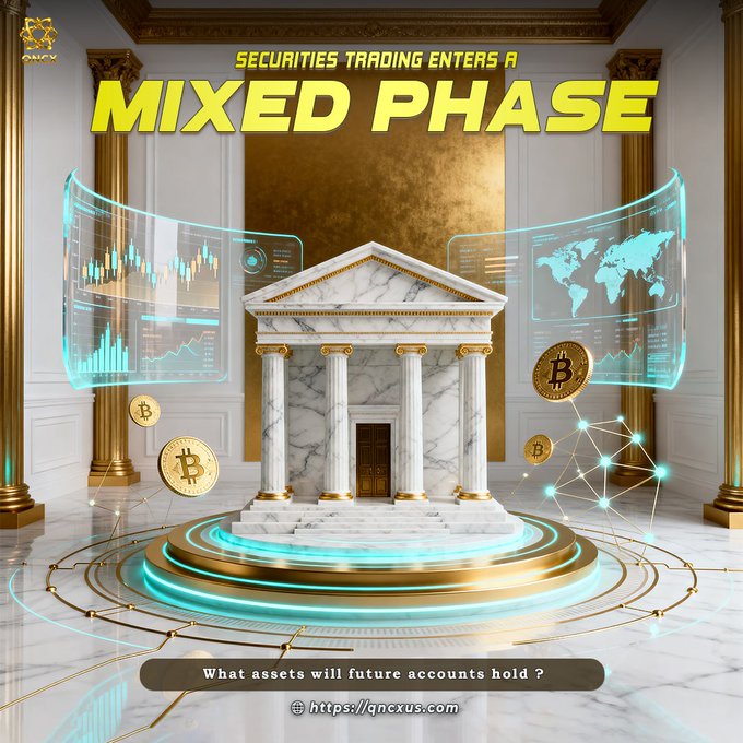 A grand marble-columned financial temple displays the headline "SECURITIES TRADING ENTERS A MIXED PHASE," flanked by holographic stock charts, a world map, and Bitcoin tokens, with the caption "What assets will future accounts hold?" linking to qncxus.com. The image visualizes the integration of traditional securities trading with tokenized stocks, illustrating QNCX's vision of unified accounts holding diverse assets like cryptocurrencies and tokenized equities.