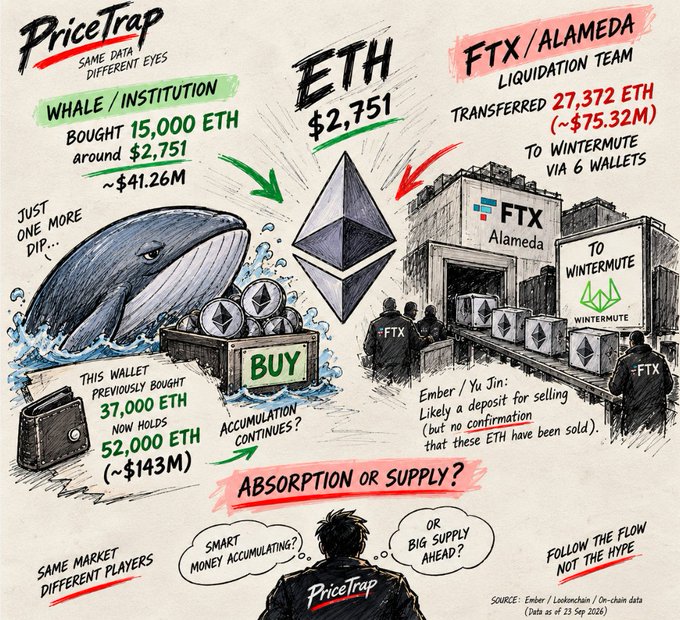 The image is a PriceTrap infographic comparing contrasting ETH activity at the $2,751 price level: a whale/institution buying 15,000 ETH (~$41.26M) to add to their 52,000 ETH holding (~$143M) versus the FTX/Alameda liquidation team transferring 27,372 ETH (~$75.32M) to Wintermute via 6 wallets, prompting speculation on whether this represents "Absorption or Supply."