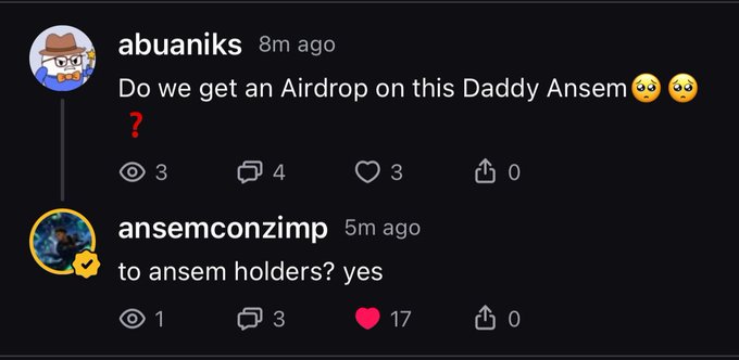 A screenshot of a YouTube comment exchange where user 'abuaniks' asks 'Do we get an Airdrop on this Daddy Ansem?', and 'ansemconzimp' replies 'to ansem holders? yes', with the second comment receiving 17 likes.