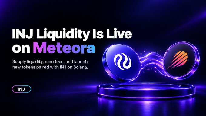 A sleek promotional graphic announces "INJ Liquidity Is Live on Meteora," inviting users to supply liquidity, earn fees, and launch new tokens paired with INJ on Solana. The accompanying post elaborates that this activation enables users to provide liquidity, collect trading fees, or create new tokens via Meteora's Dynamic Bonding Curve, marking part of INJ's broader Solana rollout with Raydium.