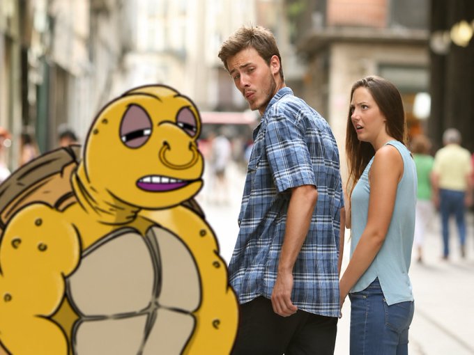 The 'Distracted Boyfriend' meme image, edited so that the woman on the right is looking back over her shoulder at a large, cartoonish yellow turtle character instead of the original man.