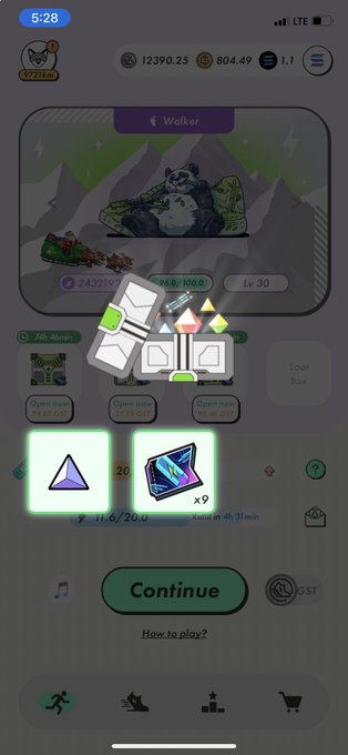 A mobile game screenshot (appears to be Walker) showing a panda character, various in-game items, and a 'Continue' button at the bottom.
