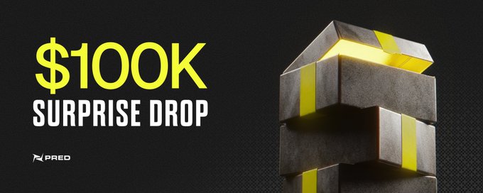 A promotional banner reads '$1000 SURPRISE DROP' in bold yellow and white text next to stacked silver gift boxes with glowing yellow bands on a black background, branded 'PRED'.