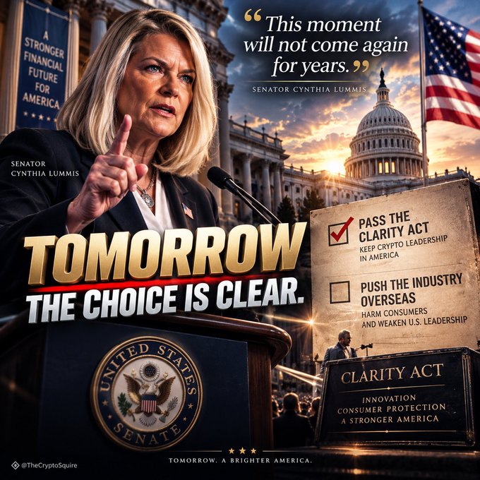 A political poster features Senator Cynthia Lummis pointing, with the U.S. Capitol in the background, promoting the 'Clarity Act' for crypto legislation with text 'TOMORROW THE CHOICE IS CLEAR.'