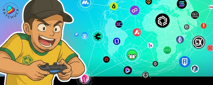 A cartoon illustration of a person in a yellow jersey and black cap holding a game controller, set against a teal background featuring various crypto token logos.