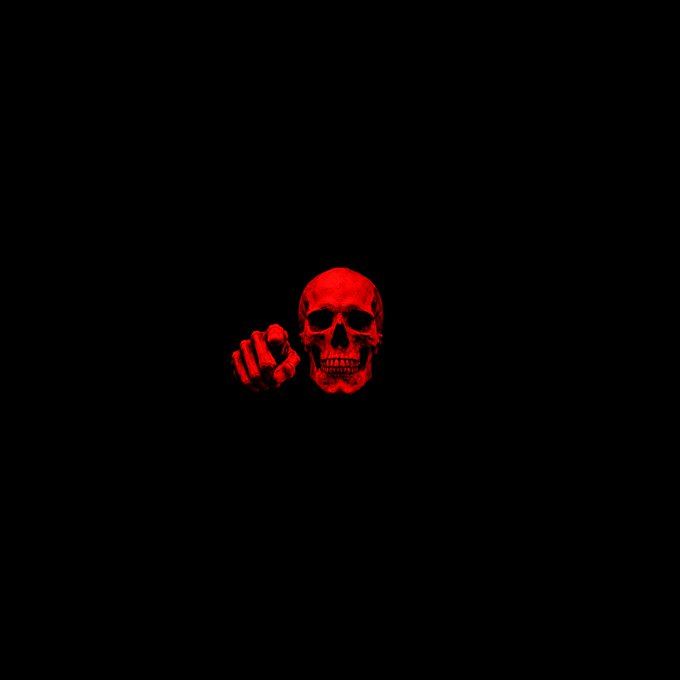 A minimalist dark image featuring a small red skull and skeletal hand emerging from the black background in the center.