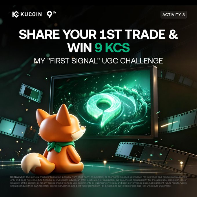A promotional graphic for KuCoin's 9th anniversary "First Signal" UGC Challenge (Activity 3), featuring the KuCoin fox mascot watching a glowing green screen displaying a number 9, with the headline "SHARE YOUR 1ST TRADE & WIN 9 KCS." The 3D-rendered fox and film strip motifs visually reinforce the nostalgia theme of sharing early crypto memories, tying into the campaign's call to post screenshots of oldest trades or first favorite tokens with #KuCoin9th.