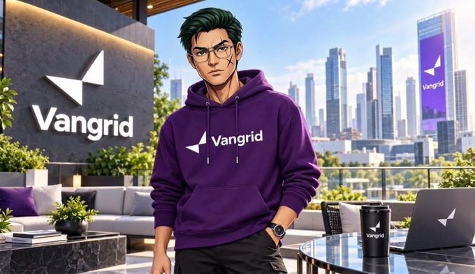 An anime-style character with green hair and glasses wears a purple 'Vangrid' hoodie, standing on a rooftop patio with a city skyline and the Vangrid logo visible.