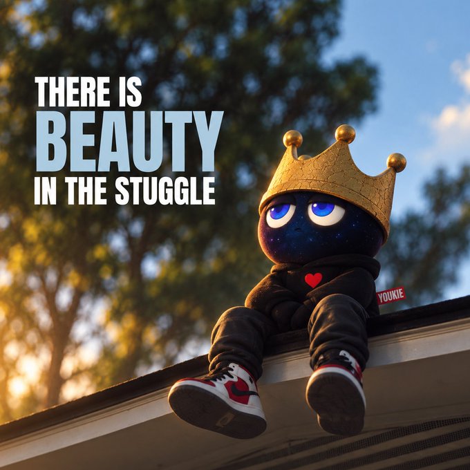 A plush character with a starry night-sky head wearing a gold crown, black outfit with a red heart, and sneakers sits on a roof with text reading 'THERE IS BEAUTY IN THE STUGGLE' and a 'YOUKIE' tag.