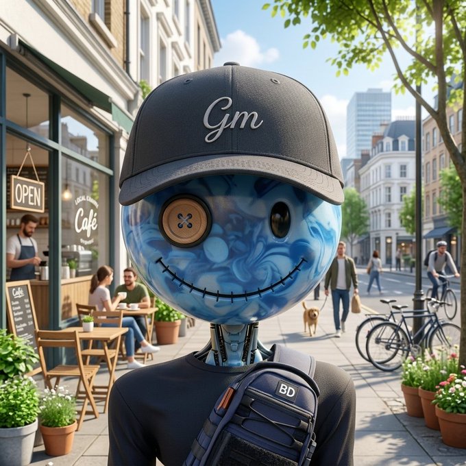 A 3D-rendered character with a blue swirled head, button eyes, and a stitched smile wearing a black cap with 'Gm' on it, standing in a European-style city street.