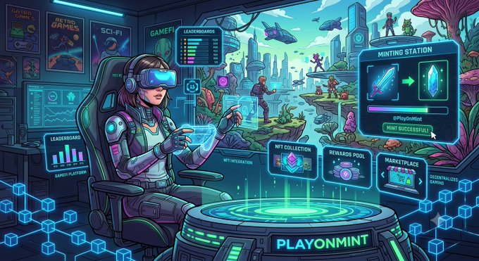 A vibrant sci-fi/futuristic illustration of a gamer in a VR headset using a 'PLAYONMINT' platform, with floating panels labeled 'MINTING STATION', 'NFT COLLECTION', 'REWARDS POOL', and 'MARKETPLACE'.