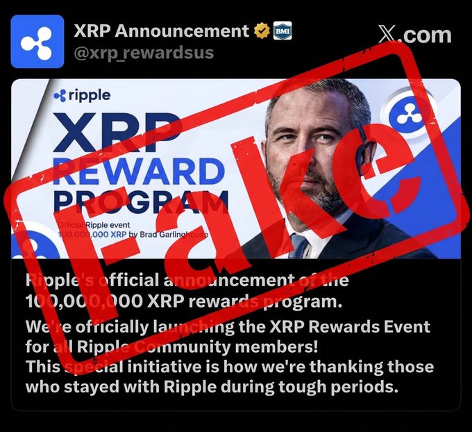A screenshot of an X.com post from the account @xrp_rewardsus, styled to look like an official Ripple announcement featuring Brad Garlinghouse, claims to offer a "100,000,000 XRP Rewards Program," but the image is stamped with a large red "FALSE" warning graphic overlaying the entire post to indicate that this supposed giveaway is not legitimate and aligns with the accompanying post's caution against believing such unverified XRP reward schemes.