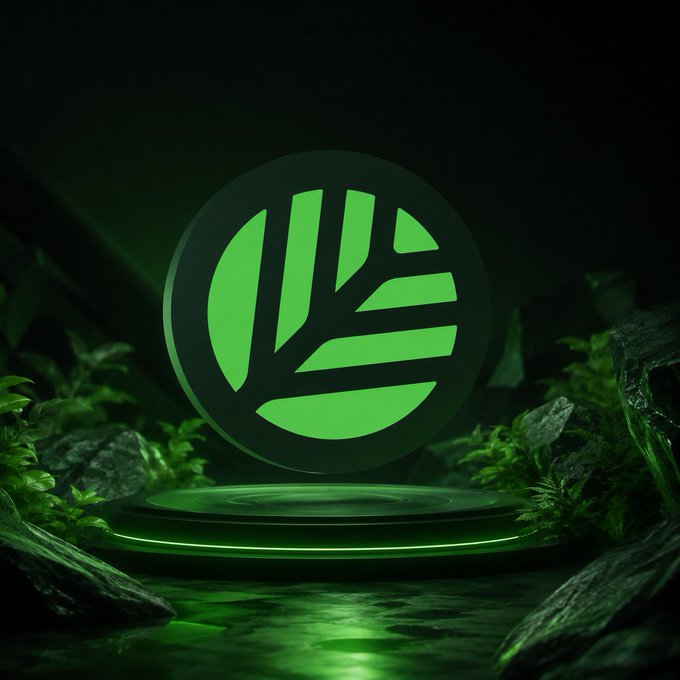 A glowing green circular logo featuring a stylized tree/leaf design is displayed on a podium surrounded by foliage in a dark, atmospheric setting.