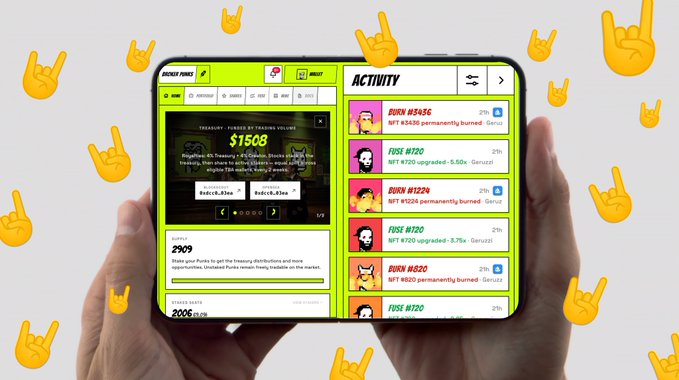 Two hands cradle a smartphone displaying the Rock.Funx app, which shows a treasury balance of $1508 and an activity feed featuring NFT transactions for CryptoPunks #3456 and #1229 at "BURN" and "FUSE" events with 2% fees. The accompanying post announces that all future Broker Punks updates will be shared through @brokerpunksnft, suggesting the screenshot previews an upcoming platform integration for the Broker Punks NFT community.