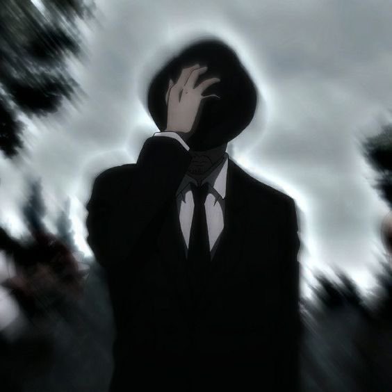 An anime-style illustration of a faceless figure in a black suit and tie holding their hand over their featureless head, surrounded by a glowing aura and a blurry, chaotic background.