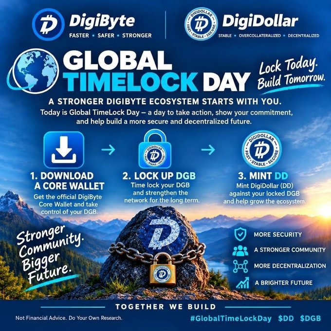A promotional graphic for 'Global TimeLock Day' featuring DigiByte (DGB) and DigiDollar (DD) cryptocurrencies, outlining steps to download a wallet, lock up DGB, and mint DD.