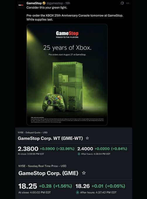 A GameStop tweet announces pre-orders for the "Xbox 25th Anniversary Console," followed by stock data showing GameStop Corp. Wt (GME-WT) up 32.96% to $2.38 and GameStop Corp. (GME) up 1.56% to $18.25. The image humorously links the company's "green light" promotional post to a significant surge in its warrant price, suggesting the coincidence isn't lost on retail investors.