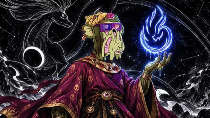 A stylized fantasy illustration depicts a green-skinned orc-like figure wearing a purple skull-patterned robe, purple sunglasses, and a pizza slice on their head, holding a glowing blue flame, with a black fox and eclipse in the cosmic background.