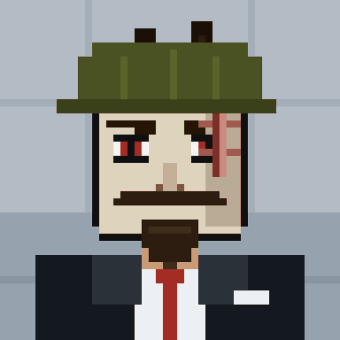 A pixel art character resembling a mob boss or detective, wearing a green fedora, black suit, white shirt, red tie, with a mustache, beard, and a scar on his face.