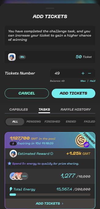 A mobile app interface titled 'ADD TICKETS' showing a completed challenge task with 50 tickets, an option to add 49 tickets from a balance of 49, and task details including 4,127,700 GMT in the pool and 15,567.4 total energy.