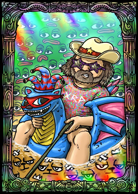 A colorful, psychedelic digital illustration of a bearded man in a cowboy hat and star sunglasses riding an inflatable blue dragon, set against a background of repeating eyes.