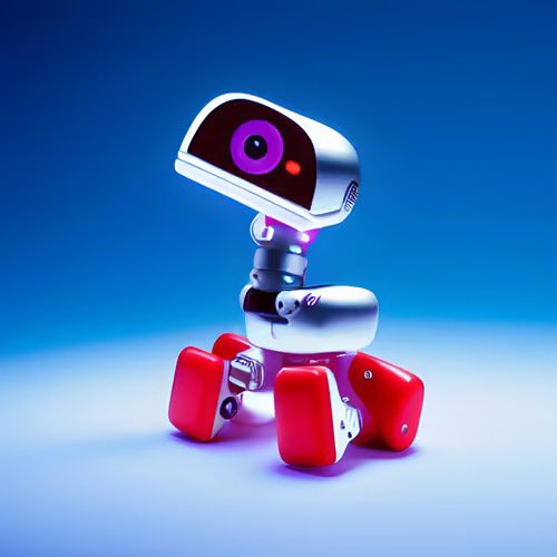 3D-rendered small robot with a single purple eye on a screen face, silver body, and red wheels sitting on a blue gradient surface.