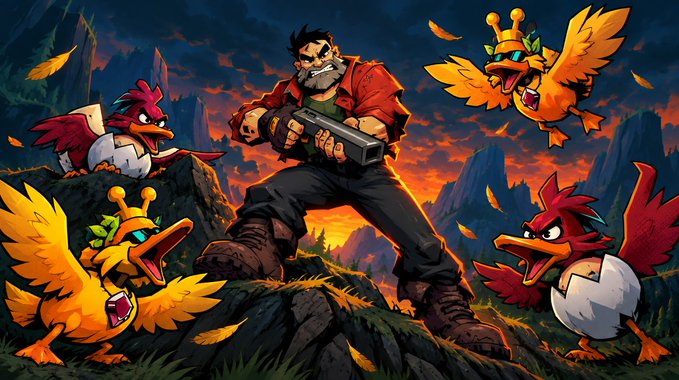 A digital illustration of a rugged bearded man holding a large gun, surrounded by angry cartoon birds against a sunset backdrop.