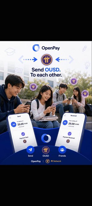 A promotional graphic for OpenPay features the headline "Send OUSD. To each other." and shows two smartphones displaying 25.00 OUSD payment confirmations, with young people using their phones in the background, illustrating the app's ability to facilitate quick peer-to-peer transactions within the Pi Network ecosystem.