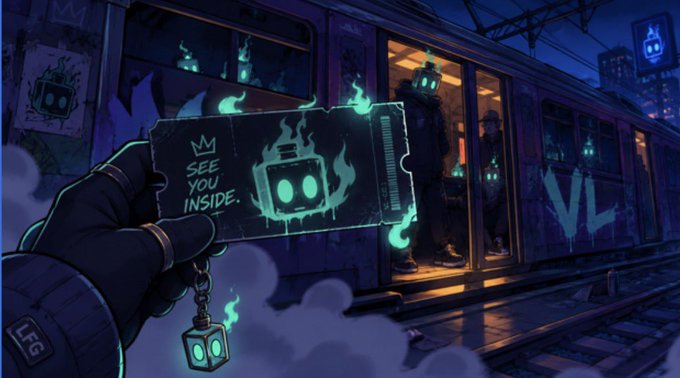 Stylized digital artwork shows a gloved hand holding a glowing green ticket reading 'SEE YOU INSIDE' with a robot face, while shadowy figures stand inside a graffiti-covered train car at night.